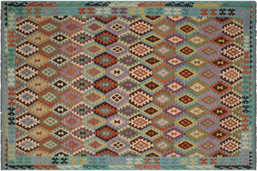 Flat Weave Kilim, Antique, Navaho, Vintage, Handmade, Geometric Kilim Gray Blue Hand-Woven Rectangle 100% Wool Area Rug 9 x 11